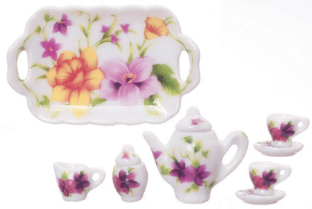 Dollhouse Miniature 8 Pc Tea Set-Multi Flowers